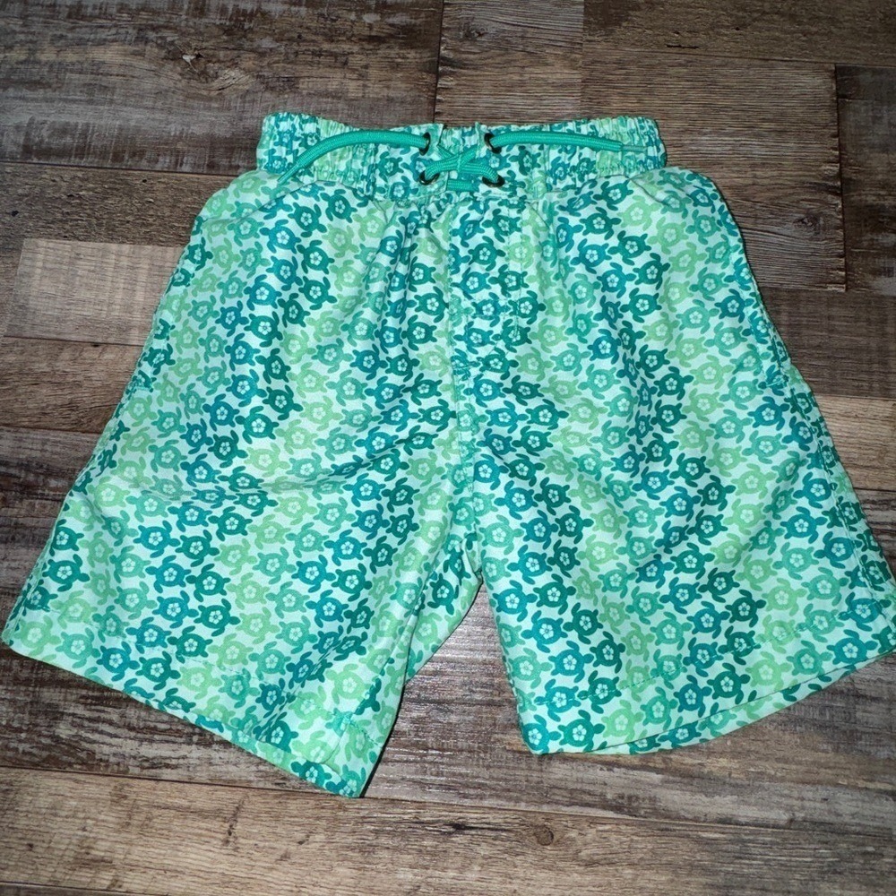 Beach Bros Boys Green Turtle Print Swim Trunks Size 6 Mesh Lined Board Shorts